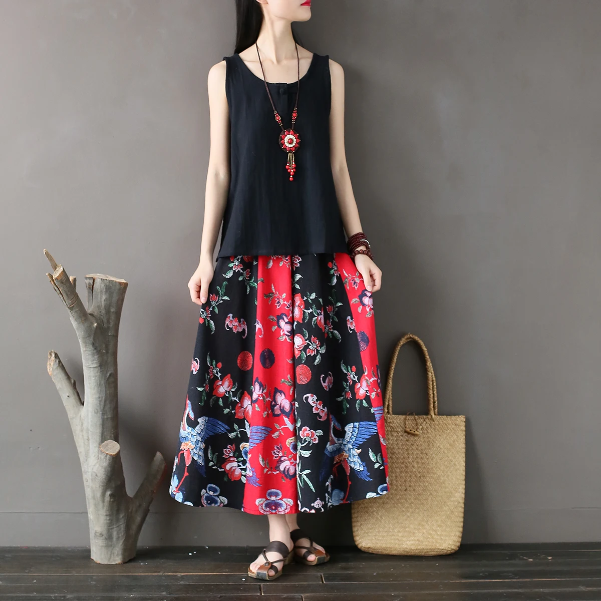 Women Retro National Style Printed Skirts Cotton Linen Elasitc Waist