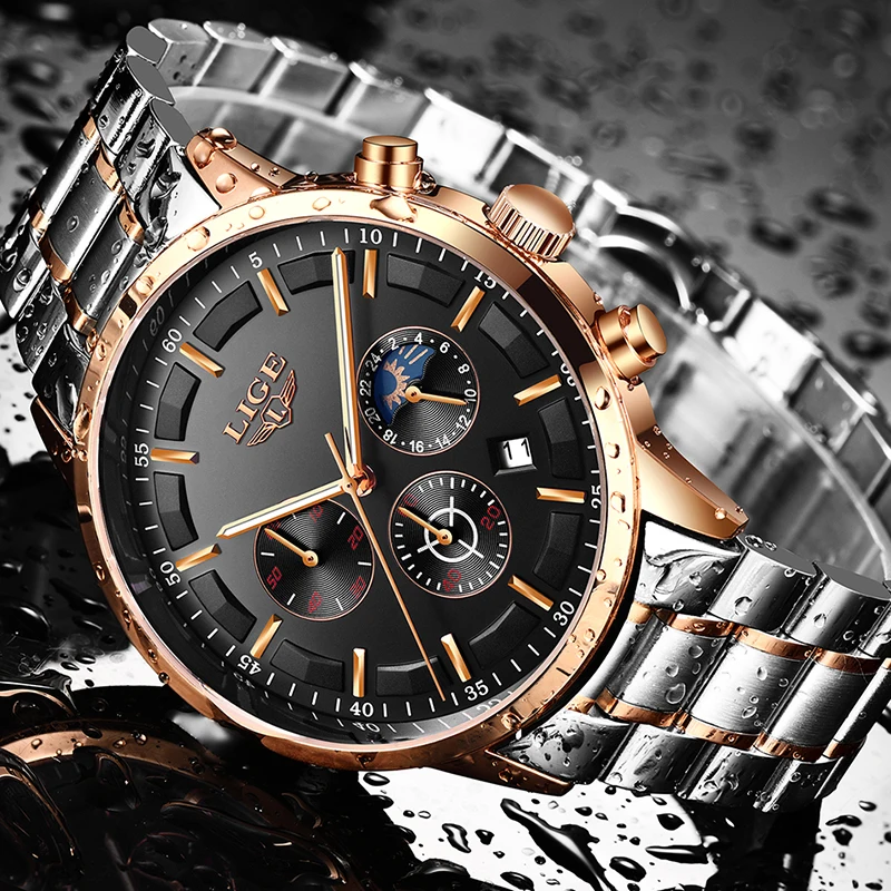 

LIGE Relogio Masculino Fashion Men Watch Chronograph Moon phase Top Brand Business Quartz Watch Men Waterproof Sport Watches+box