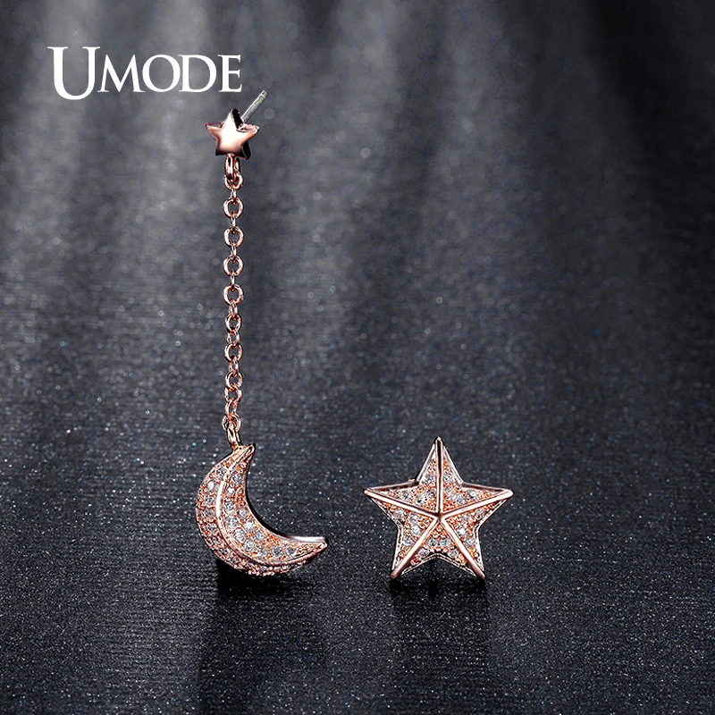 Женские серьги капли UMODE Brincos с цепочкой в виде звезды и Луны белого/розового