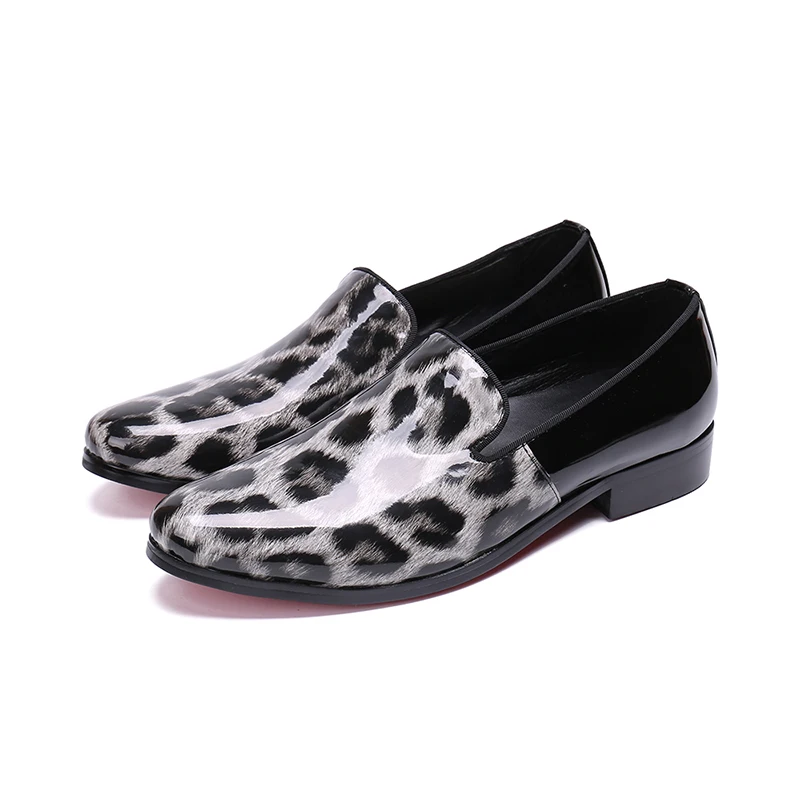 

New Fashion Leopard Print Men Loafers Patent Leather Men Party Shoes Casual Slip on Male Flats