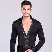 Новое поступление бальных танцев топы набор шнека воротник глубокий v-образный вырез парча с Мужская танцевальная рубашка Одежда для танцев DQ15006