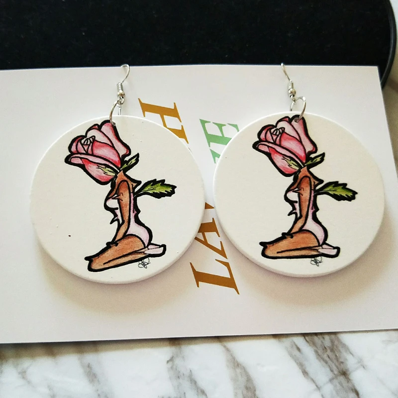 

Bohemia Wood Round Africa Tribal Pink Rose Girl Leaf Drop Earrings Vintage Retro Wooden African Hiphop Jewelry Club Accessories