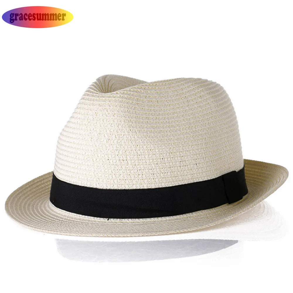 gracesummer Linen Straw Hats Sunscreen Round Flat Top Straw Fedora Panama summer hats Sun Visor