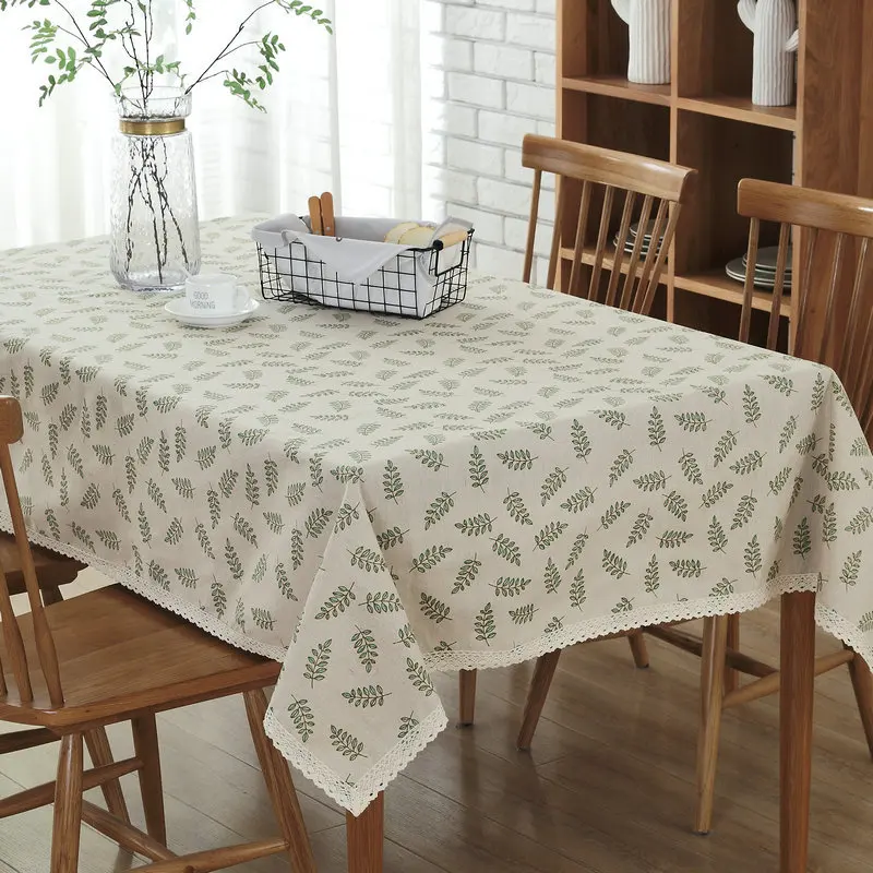 

Hot Pastoral Cotton Linen Table Cloth Leaves Lace Edge Rectangular Tablecloth Cover For Wedding Home Decor Textile Free Shipping