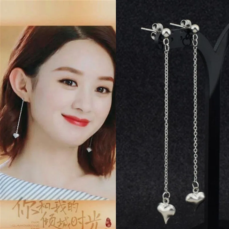 

Fashion Jewelry KPOP DNA Korean Star 1 pair heart-shaped love Chain Stainless Steel Stud Earrings For Women and men