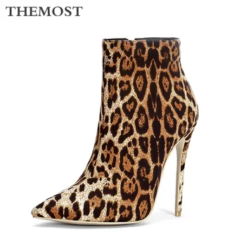 

ARQA leopard ankle boots women's autumn and winter warm short plush high-heeled pointed zipper female boots fashion shoes