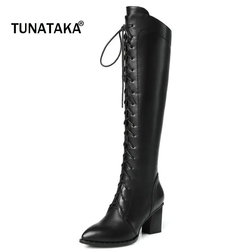 Noir Bout Mode Lacets Robe D'hiver Latérale Carré marron Talons Glissière Hauts Bottes Pointu Haute Cuir Brun Noir Femme Genou Véritable À En srQdCth