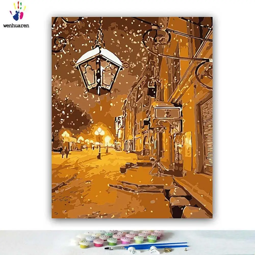 DIY цвета картины по номерам с цветами желтые уличные огни в Париже ночью Картина Рисунок Живопись по номерам в рамке - Цвет: 21185