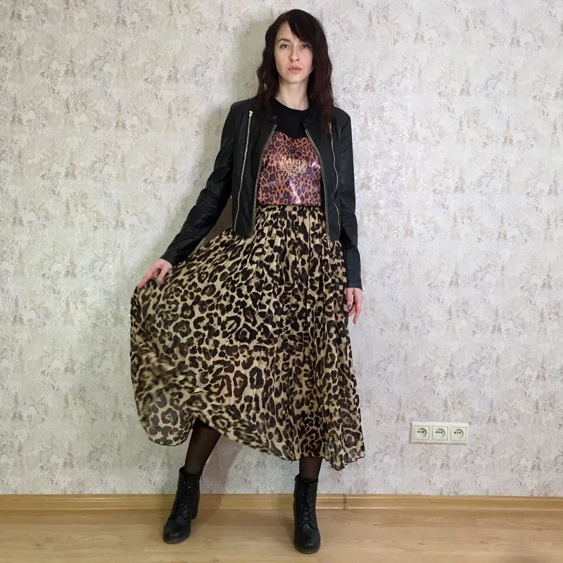 Stinlicher Fashion Women Summer Beach Leopard Casual Chiffon Max Skirt Pleated Long Skirt Ladies Elastic Waist Long Skirt