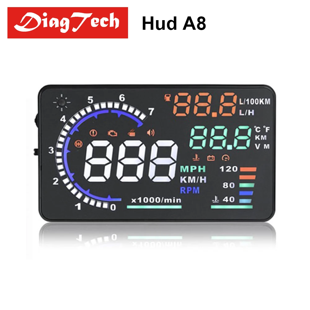 

Universal Car A8 5.5" HUD Head Up Display OBD2 OBD2 Scanner Speed Warning With LED Windscreen Projector Fuel Consumption Display