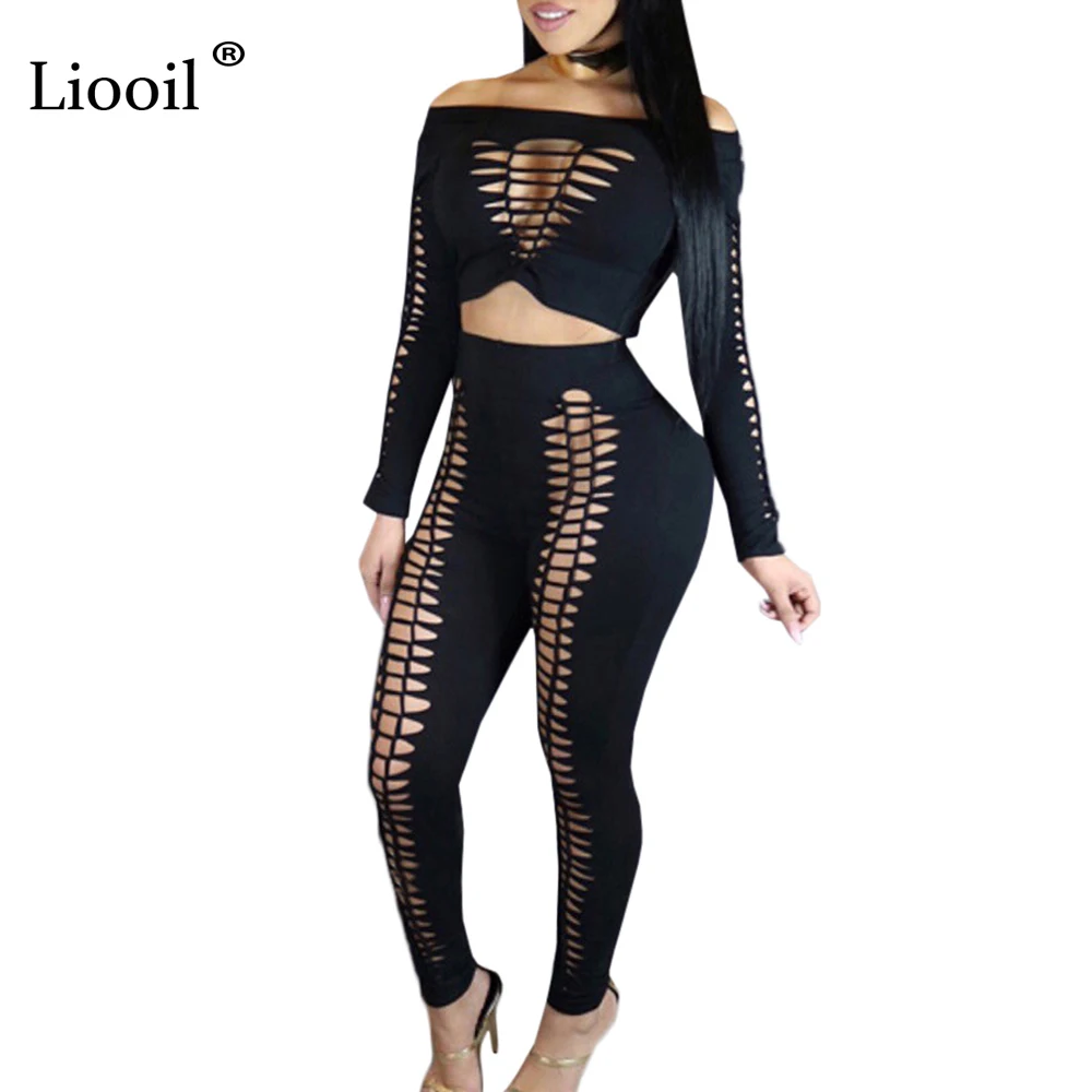Liooil Black Two Piece Rompers Womens Jumpsuit Sexy Cut Out Long Sleeve