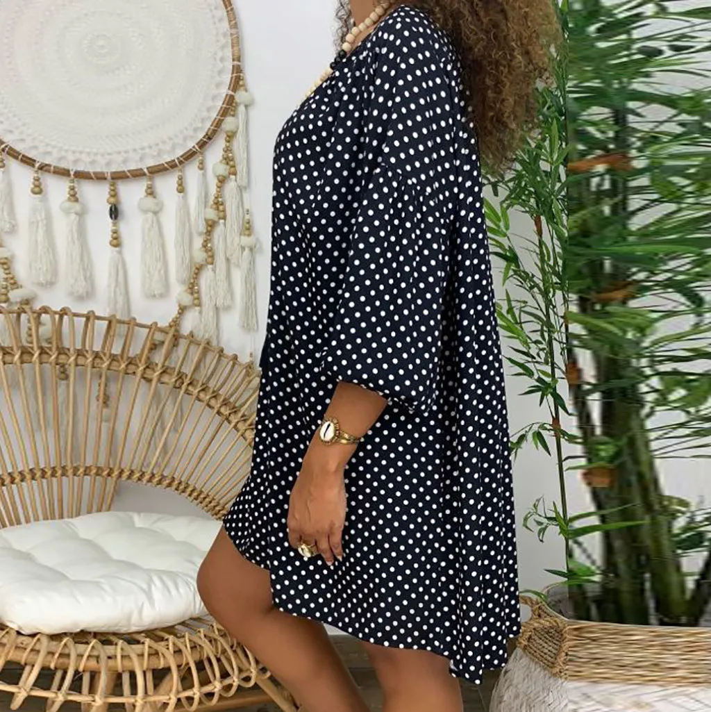 Women Size Loose Polka Dot Long Sleeve V-neck Mini Length Dress plus size dresses for women Dress sukienka robe party dress