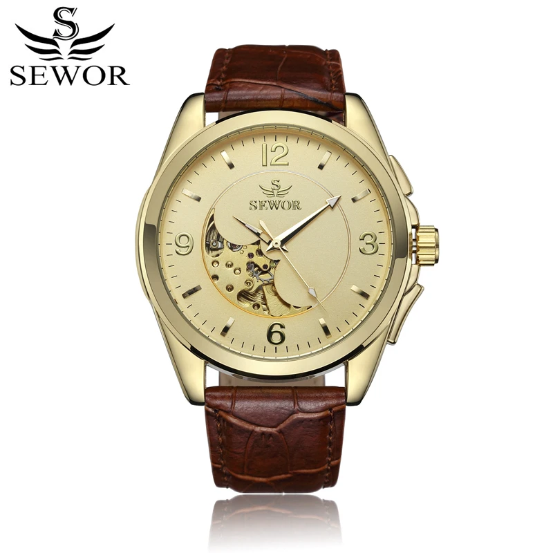 

SEWOR Automatic Self-Wind Mens Automatic Watch Leather Strap Business Wristwatches Watch Skeleton Mecanico Male With Box SWQ48