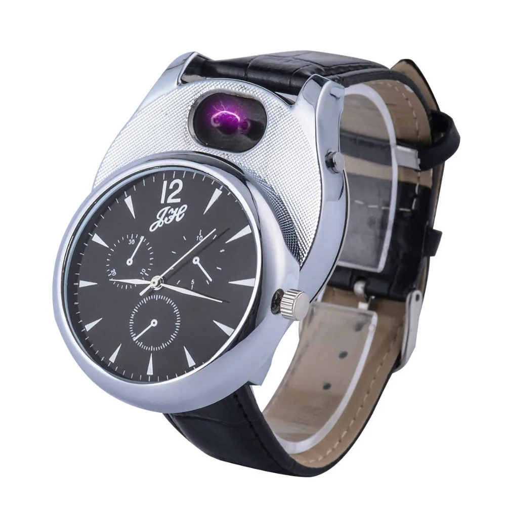 Cigarette Lighter watch Men USB rechangeable Casual Quartz Watch fashion Arc Flameless Lighter Wristwatches clock JH338