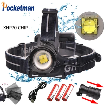 

100W 2019 50000lm Led Headlight XHP70 Waterproof Zoomable with Micro USB Charging 3 Modes for 3*18650 z45
