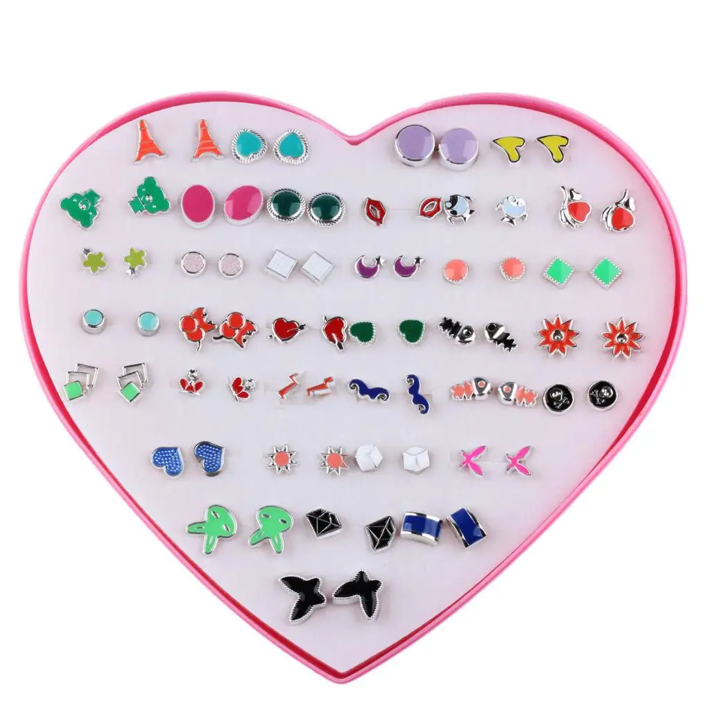 36 Pairs Women Girl Kid Different Colorful Shape Stud Earrings Birthday Valentine Party Gift with Heart Organizer Box