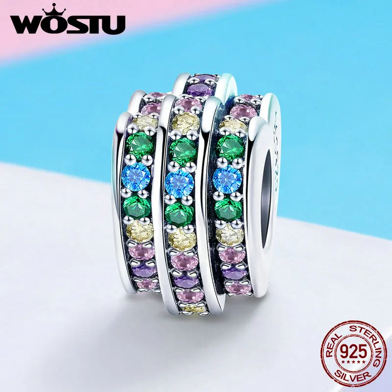 

WOSTU Brand Authentic 925 Sterling Silver Rainbow Heart Colorful CZ Charm fit Original Beads Bracelet Jewelry Gift FIC725