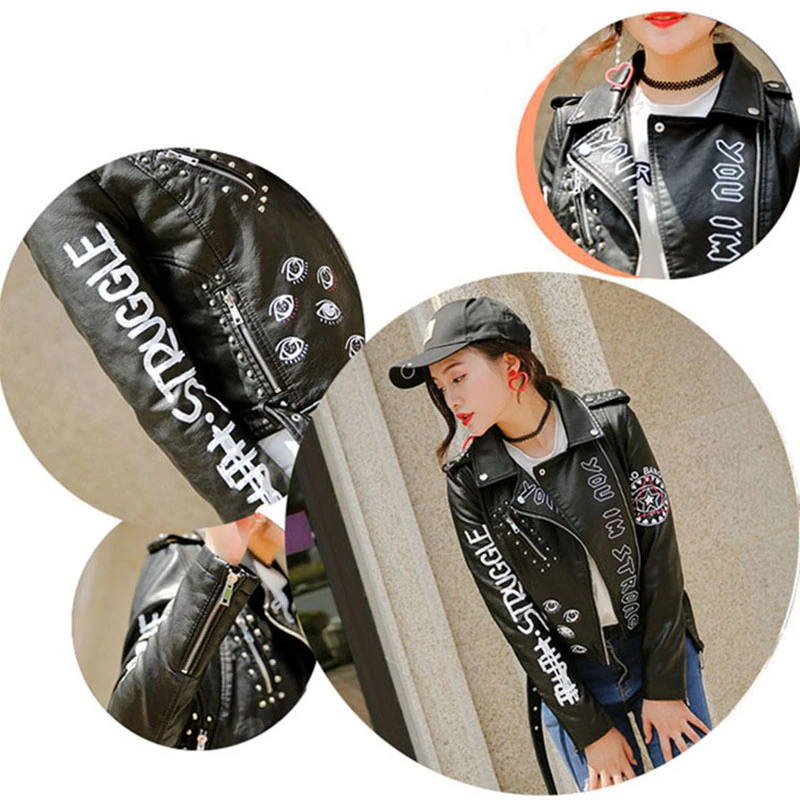 Beste Vrouwen Gedrukte Letters Pu Leather Jacket biker Moto Black Faux Jas vrouwelijke patroon Zwarte klinknagel Hip hop Korte rits Jas PY21