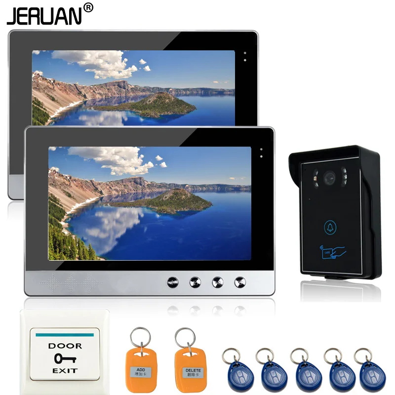 

JERUAN Brand New10" Color Video Door Phone Intercom System 2 Screen + RFID Card Access waterproof Camera +1 exit button