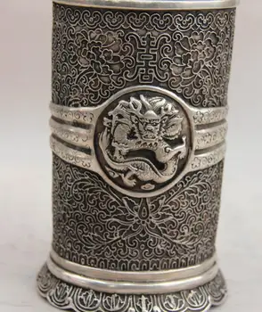 

China White Copper Silver Animal Dragon pattern Pen case container brush pot