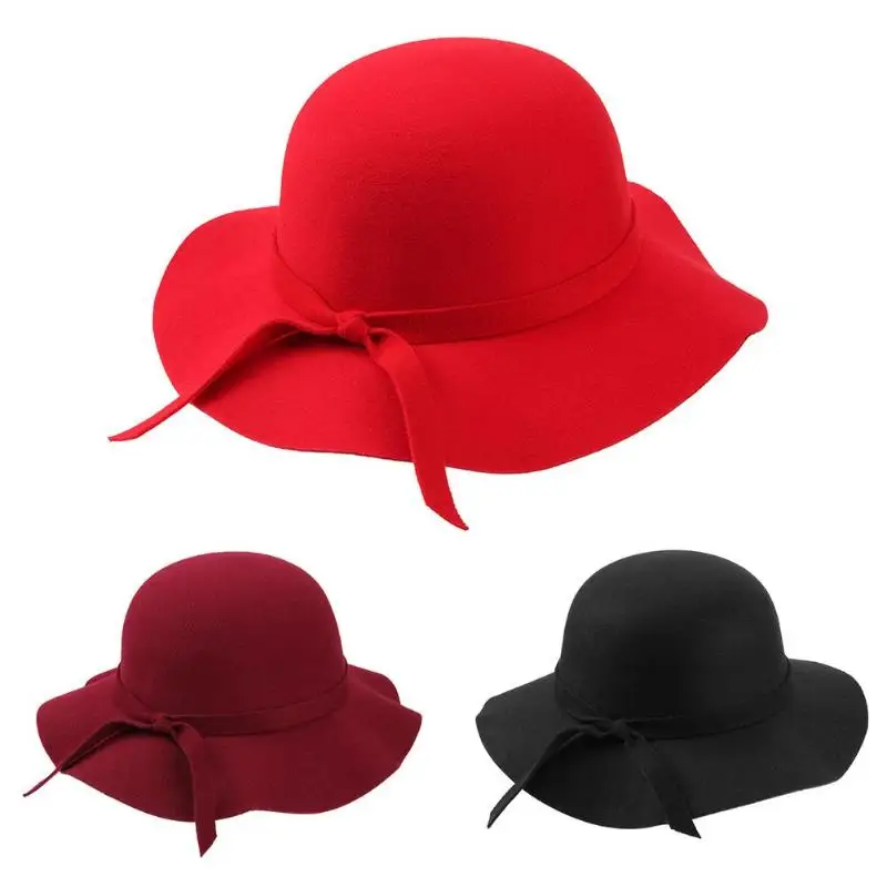 

Autumn Winter Warm Kids Boys Girls Vintage Wide Brim Cap Soft Wool Felt Bowknot Bowler Floppy Children Sun Hat Beach Hat