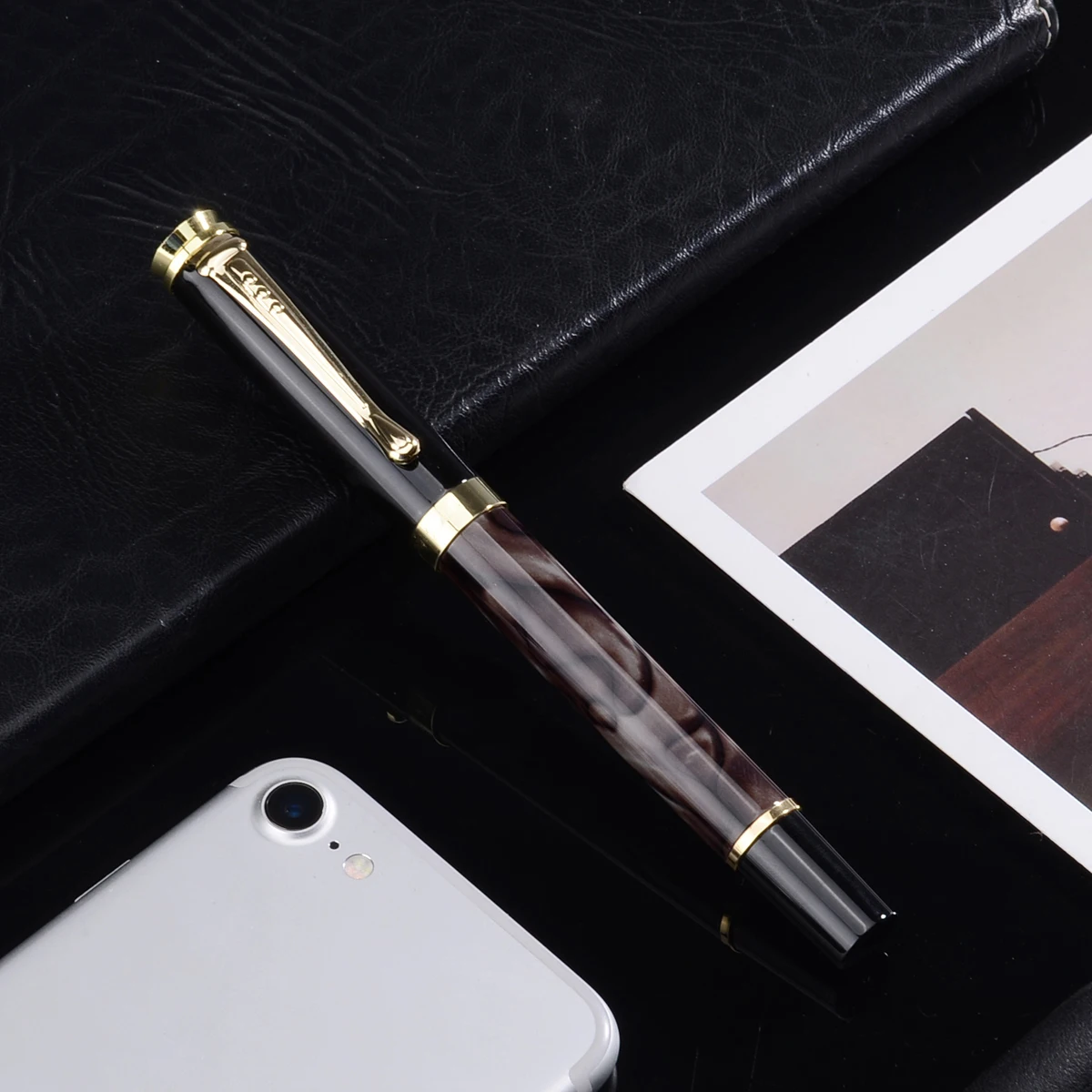 1 Piece Black Gold Medium Nib Fountain Pen Marbled Grain Standard Ink Fountain Pen Golden Clip School Office Student Supplies