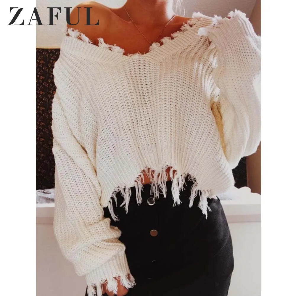 ZAFUL Knitted Sweater Autumn Women One Size Ripped V Neck Loose Sweater