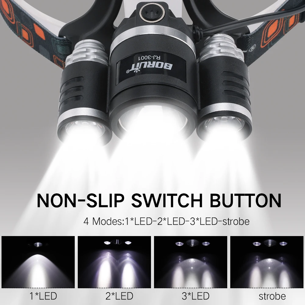 BORUIT 6000Lm 3x XML T6 LED 18650 Battery Headlight Headlamp Head Lamp Flashlight Torch Camping Fishing Cycling Rock Climbing (8)