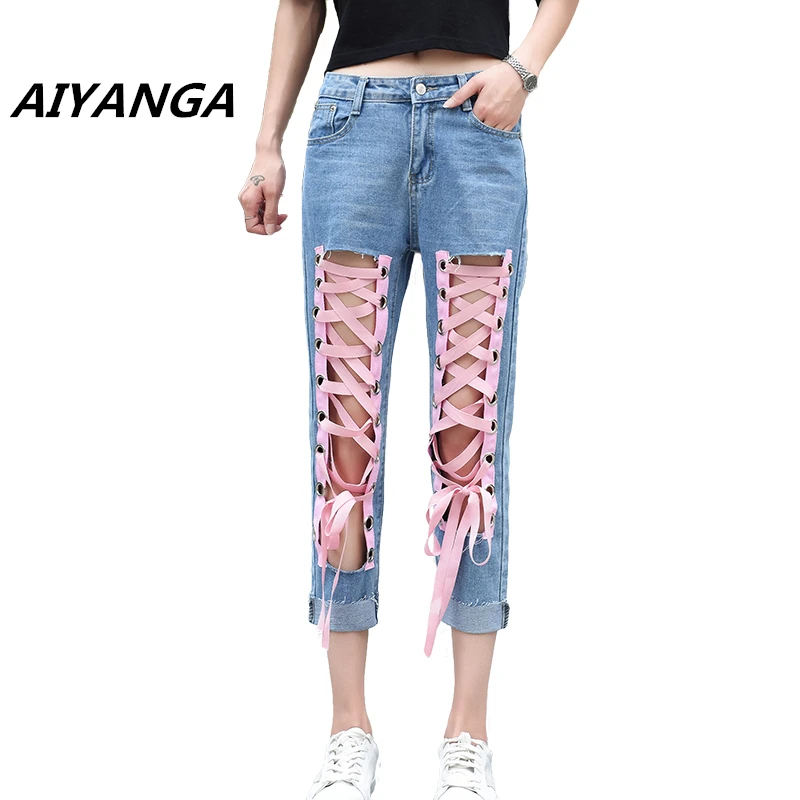 

Fashion personality cool women jeans hole lace up straight denim ankle-length pants plus size slim ladies casual trousers 2017
