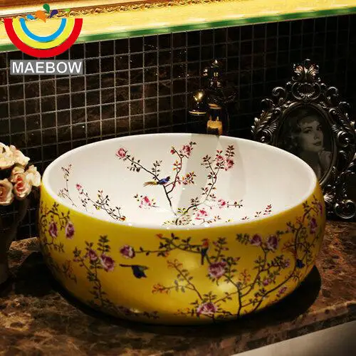 

New Birds And Flower Countertop Lavobo Ceramic Bathroom Bowl Sink Wash Basin