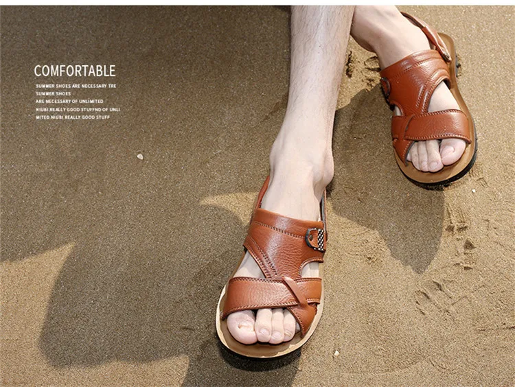 Мужские летние сандалии брендовые кожаные пляжные сандалии для мужчин, для взрослых, без шнуровки, мужская повседневная обувь черный цвет, большие размеры 38-46, 082m