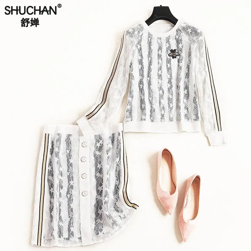 Shuchan Lace Women Clothing Set For Summer Top With Long Sleeve +mini Skirts Streetwear 2019 Designer 2 Pieces Set New 50699 Shuchan Lace Women Clothing Set For Summer Top With Long Sleeve +mini Skirts Streetwear 2019 Designer 2 Pieces Set New 50699