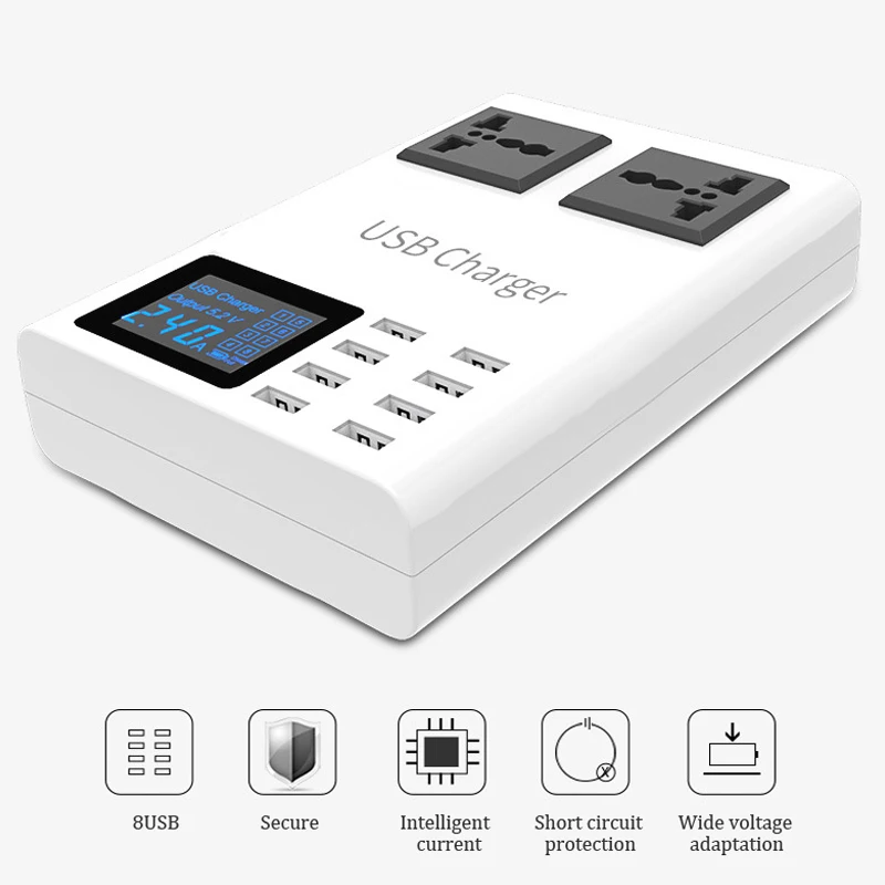Original New 8-port USB Mobile Phone Charger LED Display + Dual AC Power Socket Universal Adapter US EU UK Plug Smart Charger