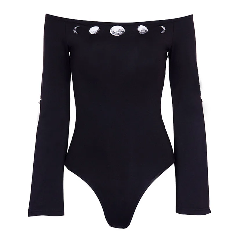 Punk Moon Pattern Bodysuits Moon Phases Gothic Women Jumpsuits Girls