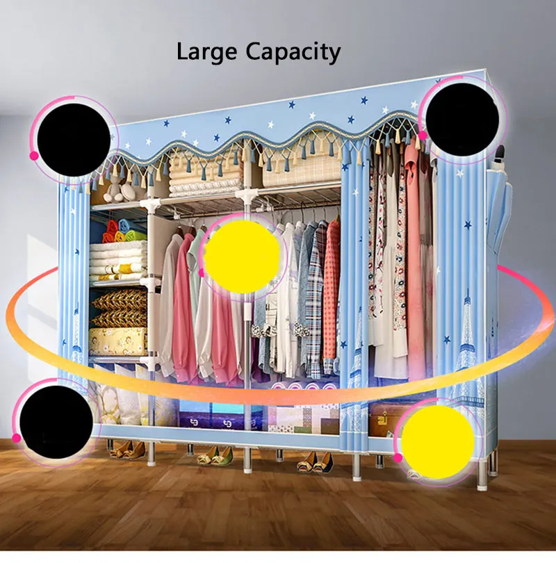 Большая емкость пыленепроницаемый Тканевый шкаф в сборе утолщенный усиленный 25 мм стальной трубный шкаф шкафчик для хранения в спальню