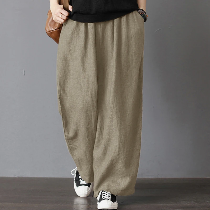 S-5XL Women Fashion Loose Long Pants Cotton Linen Solid Wide Leg Pants With Pockets Ladies Casual Summer Autumn Baggy Trousers