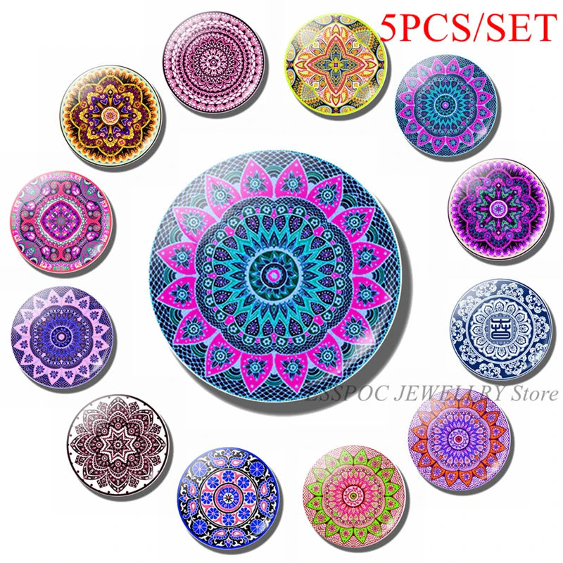 

5PCS/SET Mandala 25mm Glass Cabochon Dome Jewelry Dature Stramonium Datura L Colorful Flower Art Yoga Buddhist Ornaments