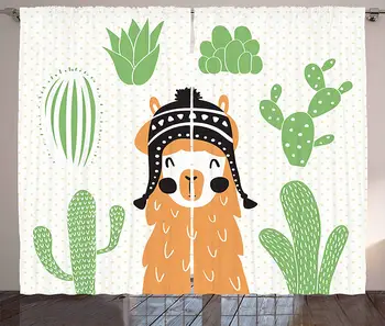 

Llama Kitchen Curtains Llama in a Traditional Ethnic Bolivian Hat Smiling Comic on Polka Dots Illustration Window Decor Panel
