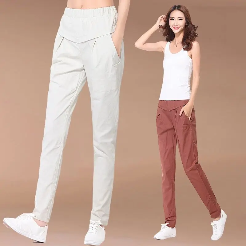 Women Linen Pants Cotton Linen Casual Solid Elastic Straight High Waist Pants Spring Summer
