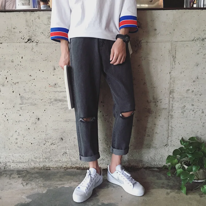 

Top quality 2020 Fashion Art wind city boy knee hole loose jeans grey blue trousers hip hop denim loose Cowboy teenagers pants
