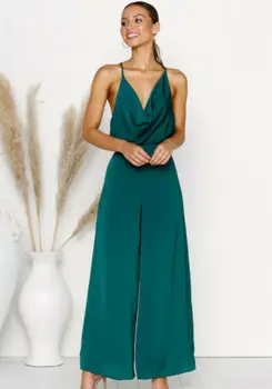 

Womens Casual Loose Wide Leg Deep V neck Jumpsuit Dungarees Playsuit Long Trousers Beach Solid Overalls
