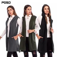 PGSD новая простая модная однотонная женская одежда средней длины без рукавов вязаный жилет с капюшоном кардиган свитер пальто женское