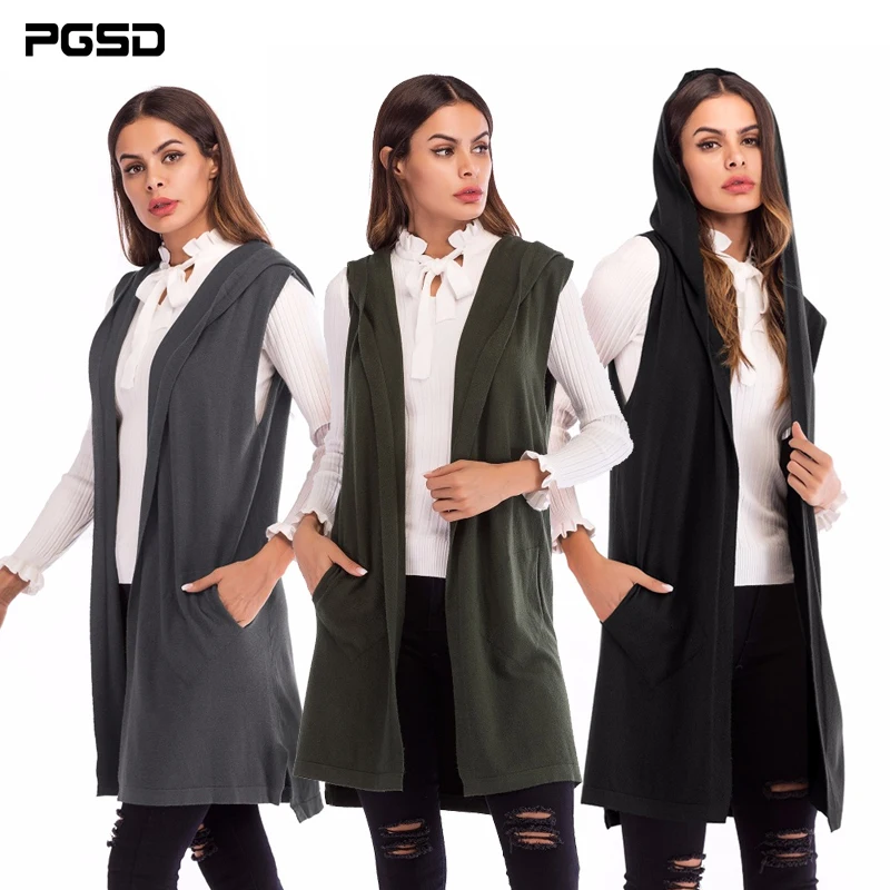 

PGSD New Simple Fashion Pure Colored Women Clothes Medium-long sleeveless knitted waistcoat Hooded Cardigan Sweater coat female