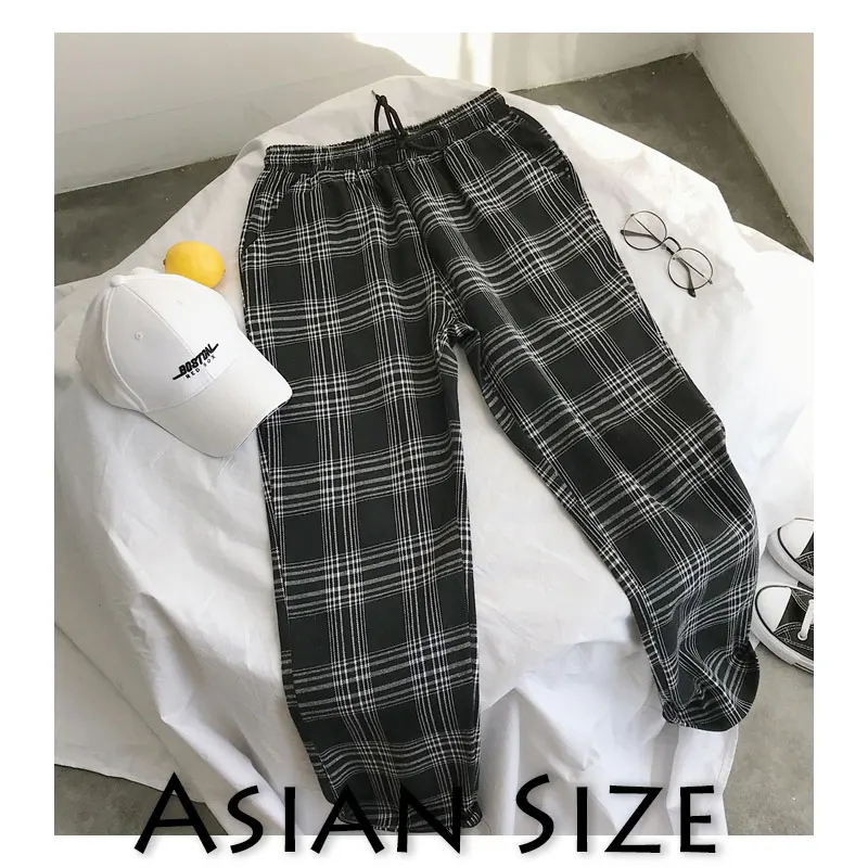 W1(Asian Size) Privathinker мужские и женские корейские черные клетчатые повседневные штаны мужские уличные шаровары мужские клетчатые брюки размера плюс - Цвет: W1(Asian Size)