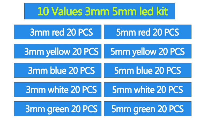 200 шт. 3 мм 5 мм светодиодный комплект смешанных цветов красный зеленый желтый синий белый светильник светодиод Ассортимент в коробке