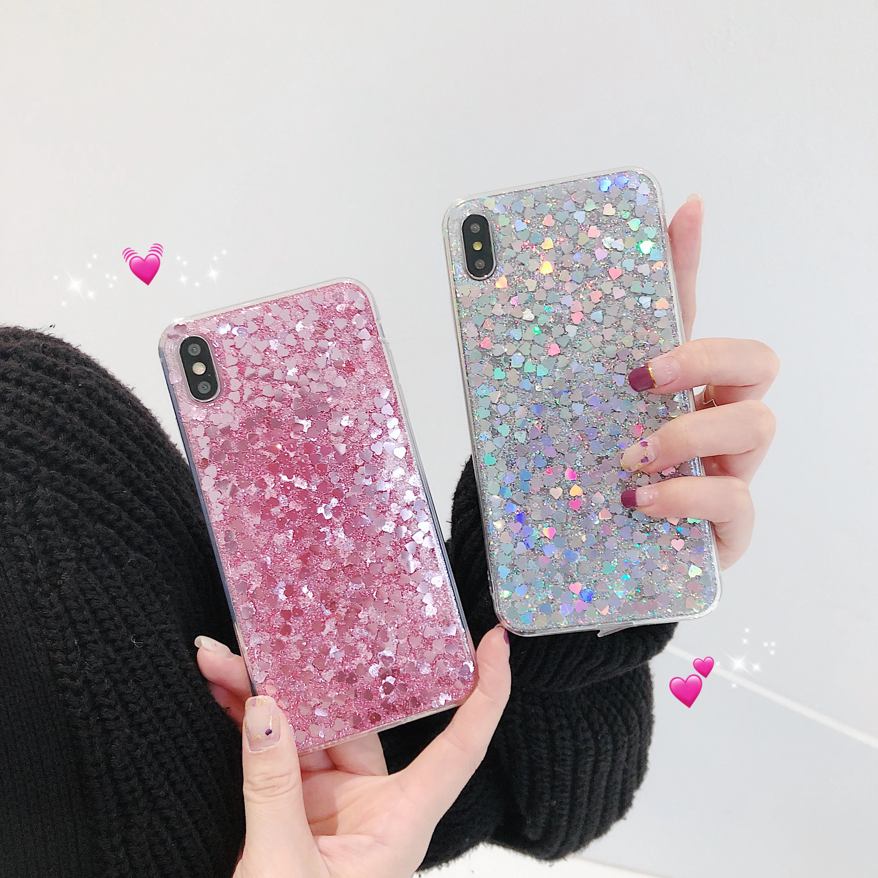 

PEIPENG Love Heart Phone Case For iphone 6 6S 7 8 Plus Cover for iphone X XS MAX XR Glitter Bling Sequins Silicone Soft Coque