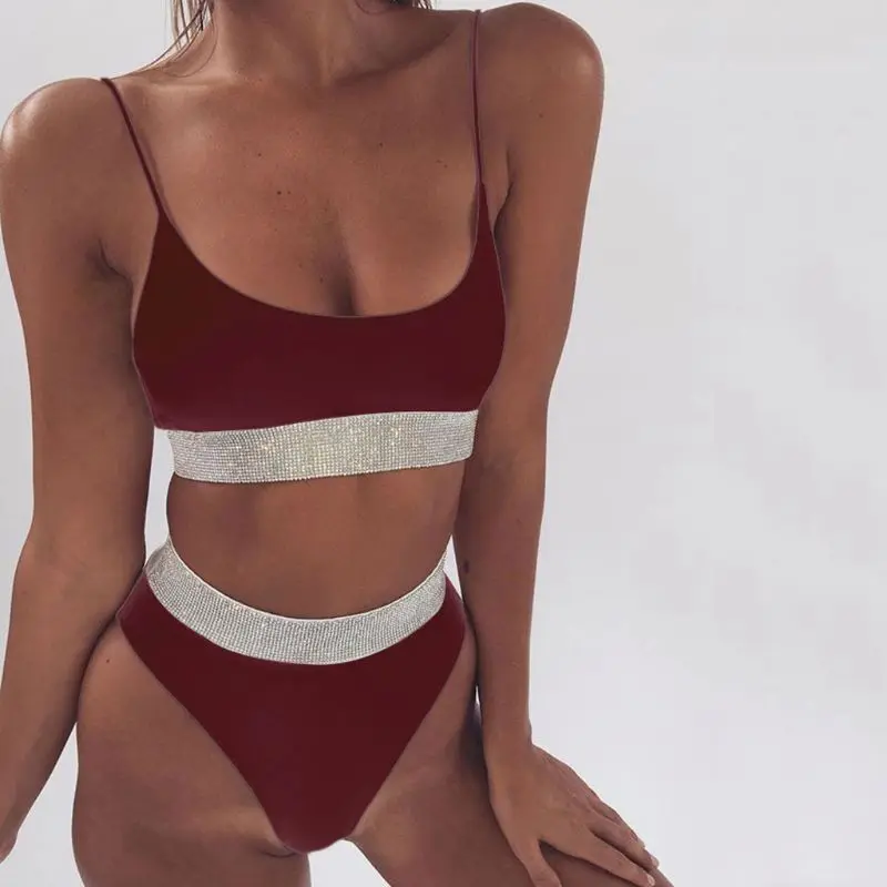 

Women Bikini Set Deep Scoop Neck Spaghetti Straps Bra Swimsuit Glitter Sequins Patchwork High Waist Thong Solid Color Beachwea