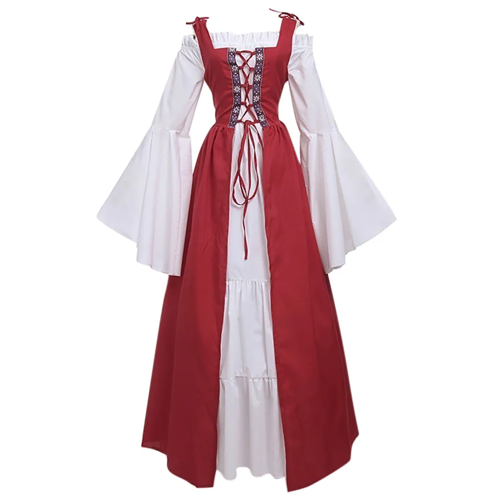 Женское Бандажное корсетное винтажное платье в стиле ренессанс с длинным рукавом и квадратным воротником, вечерние платья в стиле пэчворк - Цвет: Красный