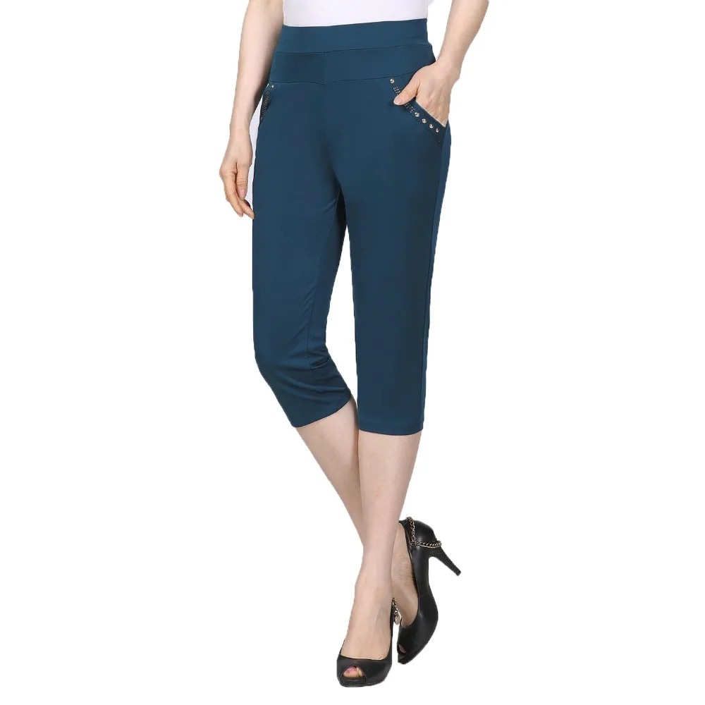 

Women Summer Cropped Pants Sequined Pockets Design Crop Trousers Woman Casual Comfort Bottoms Navy Blue Khaki Black Pantalones