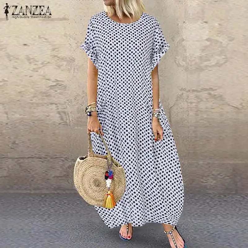 

2019 ZANZEA Summer Fashion Party Sundress Women Casual Short Sleeve Dress Bohemian Polka Dot Maxi Long Vestido Female Tunic Robe